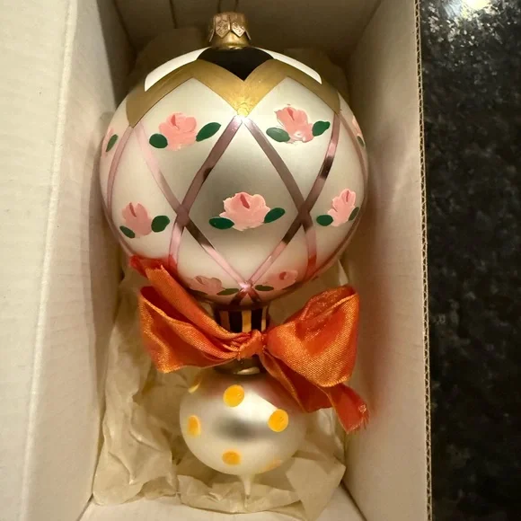 MacKenzie-Childs Double Drop White and Gold Ornament with Pink Accents - Picture 1 of 3